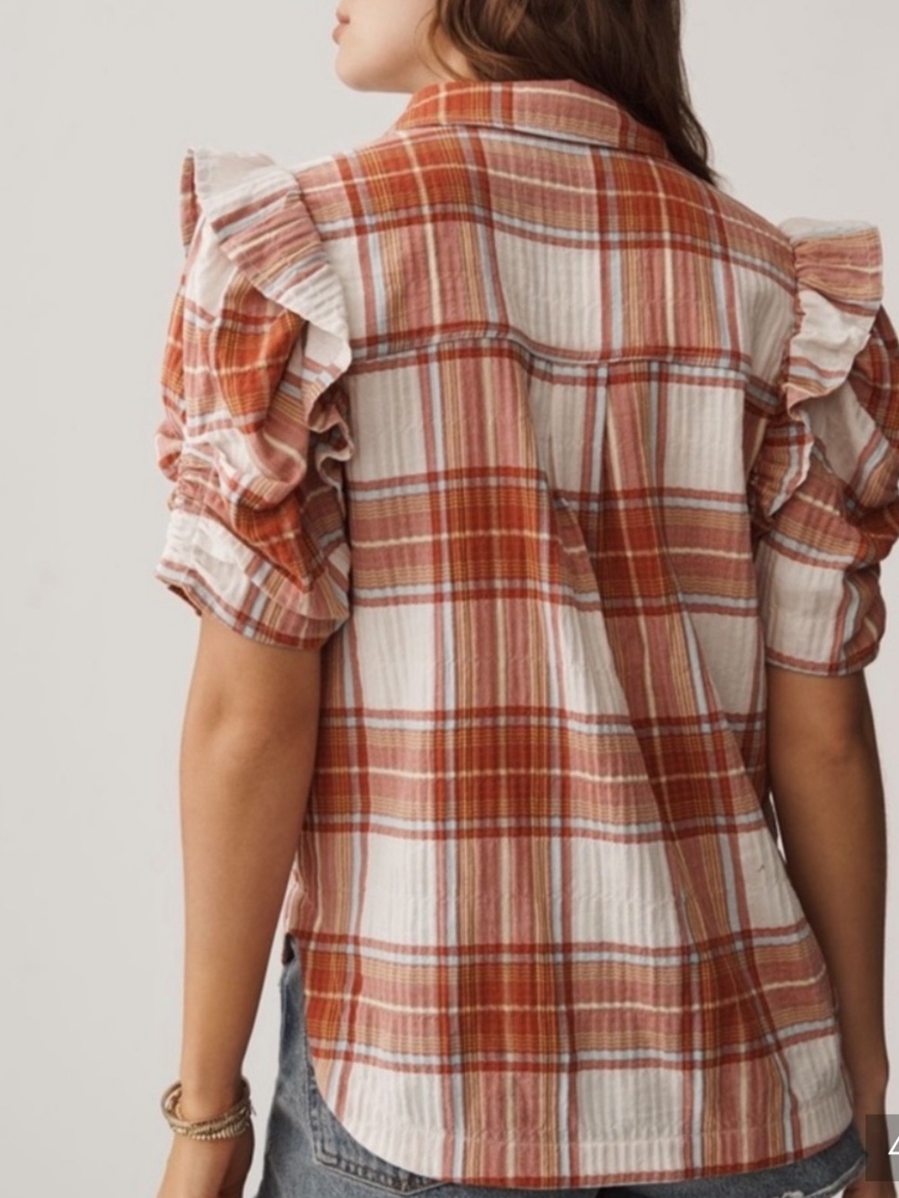 Anthropologie Pilcro Ozzi Plaid Ruffle Sleeve Buttondown Shirt Sz Small - Picture 2 of 10